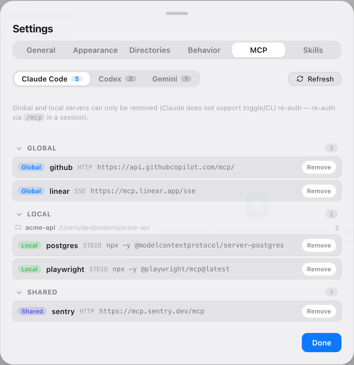 Rally Settings showing MCP servers grouped by global, local, and shared scope.