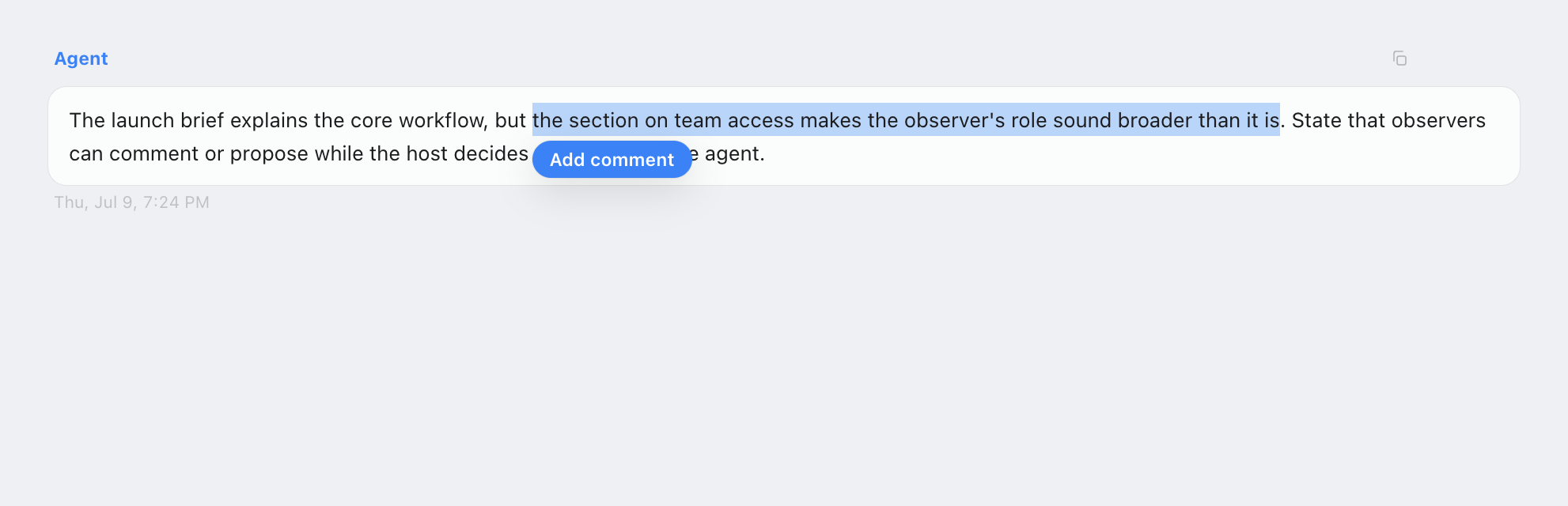 A precise phrase selected in a Rally agent response, with the Add comment action anchored to it.