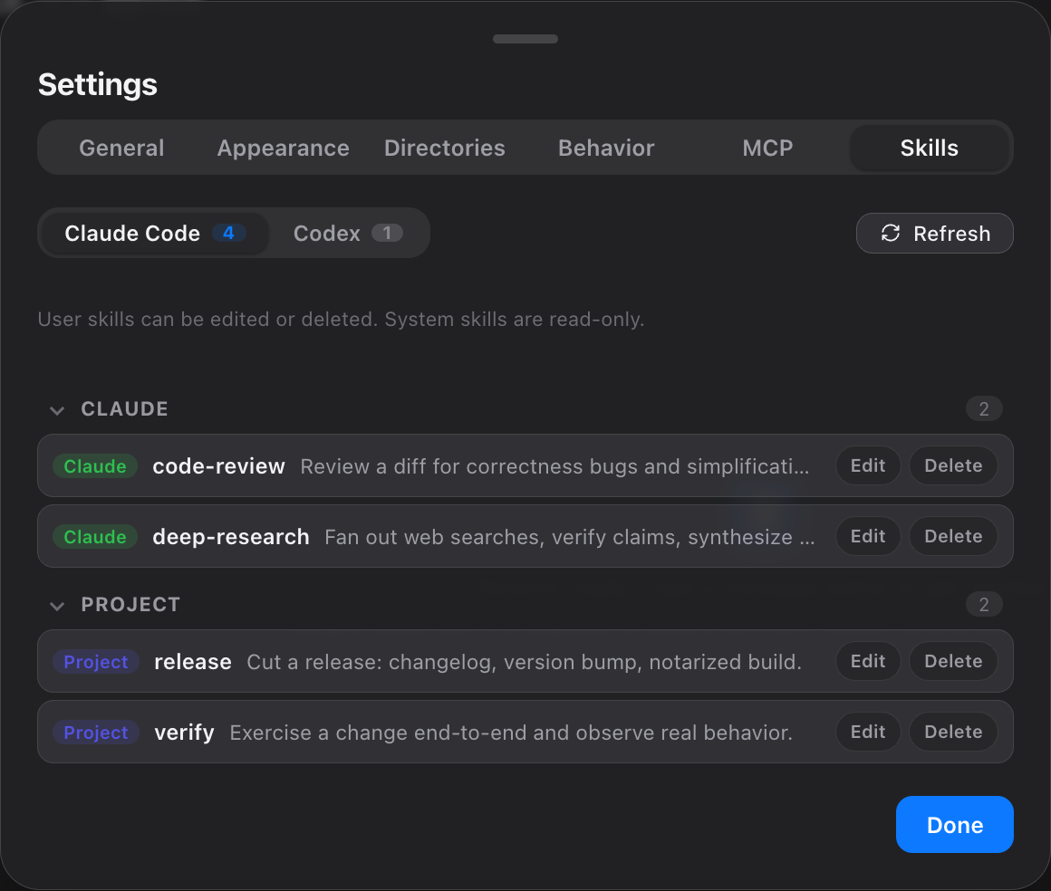 Rally Settings showing local Claude and Codex skills in one management view.